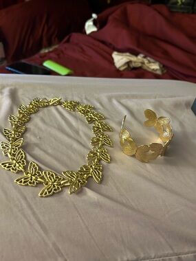 Gold Butterfly Necklace and Cuff Bracelet Set